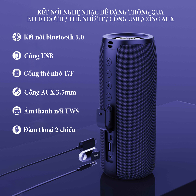 Loa bluetooth nghe nhạc Zealot S51 loa siêu trầm TWS âm thanh vòm 6D, loa kép không vỡ tiếng công suất 10W pin 1800mA