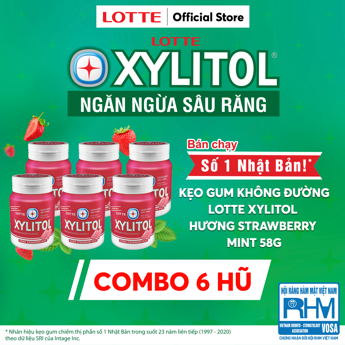 Combo 6 Kẹo Gum Không Đường Lotte Xylitol - Hương Strawberry Mint 55.1g