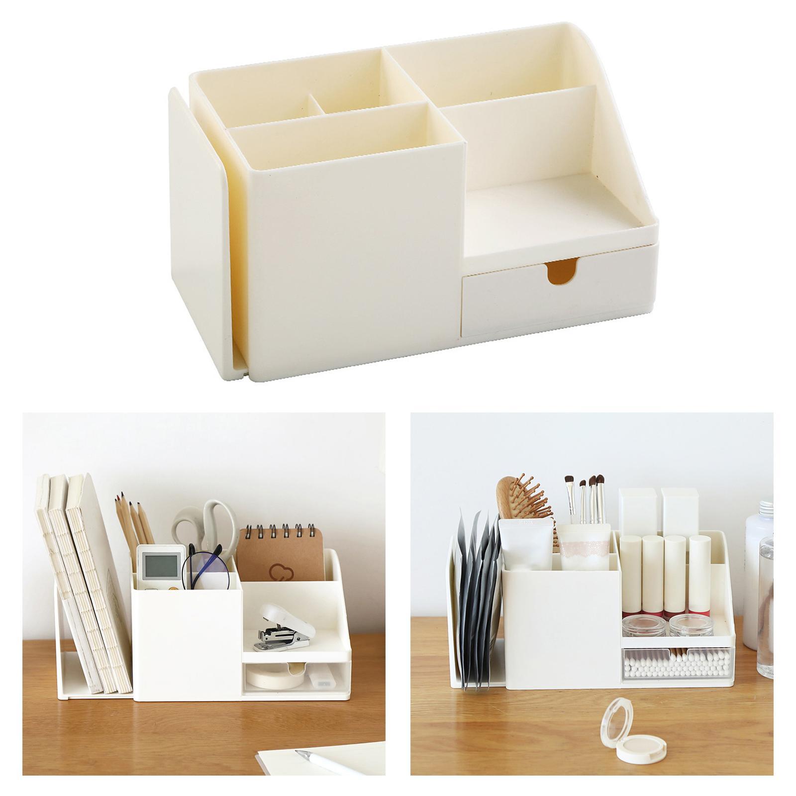 Plastic Desk Organizer 6 Compartments with Pen Holder, Drawer and Book Stand for Home Office and School