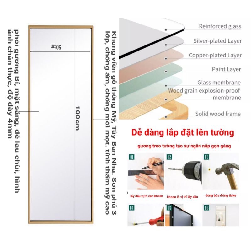 Gương treo tường, treo nhà tắm, khung viền gỗ tự nhiên, kiểu dáng vuông góc, kích thước đa dạng - Nghiện Nhà Đẹp