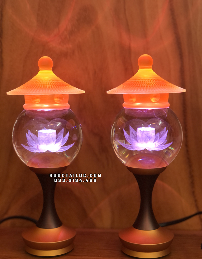 Đèn thờ cúng pha lê nắp lưu ly đổi màu 7 chế độ cao 22-24cm