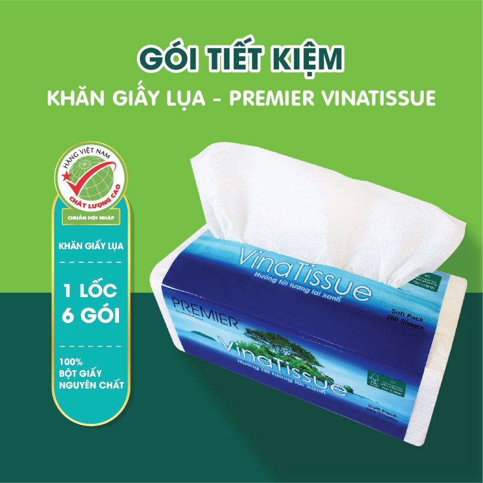 [COMBO 6 LỐC] Khăn giấy lụa, khăn đa năng Premier Vinatissue 2 lớp 100% bột giấy nguyên sinh, không chất tẩy 280 tờ