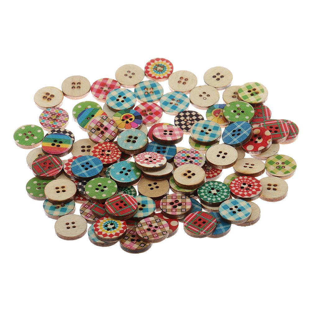 100 Pieces 15mm Colorful Mixed Pattern Round 2 Holes Wood Buttons for DIY Sewing
