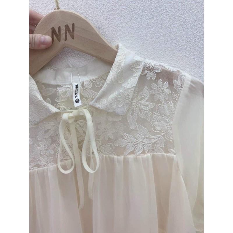 Váy suông cổ buộc nơ phối ren dáng babydoll tầng, đầm xuông rộng freesize tay bo phồng mã v247 - Michi's House