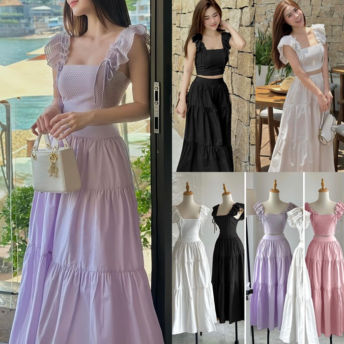 ĐẦM MIDI SET ÁO CROPTOP DÂY CỔ U TAY NGẮN + CHÂN VÁY DÀI CHỮ A XẾP LY SUÔNG TRƠN MAXI PASTEL ĐI TIỆC ĐI BIỂN ĐI CHƠI DẠO PHỐ