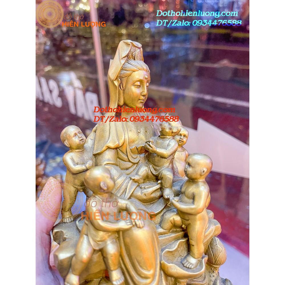 Tượng Phật Bà Quan Âm Cùng 05 Đứa Trẻ Ngũ Phúc Bằng Đồng Vàng Nguyên Chất Cao 18cm, Nặng 1,3kg
