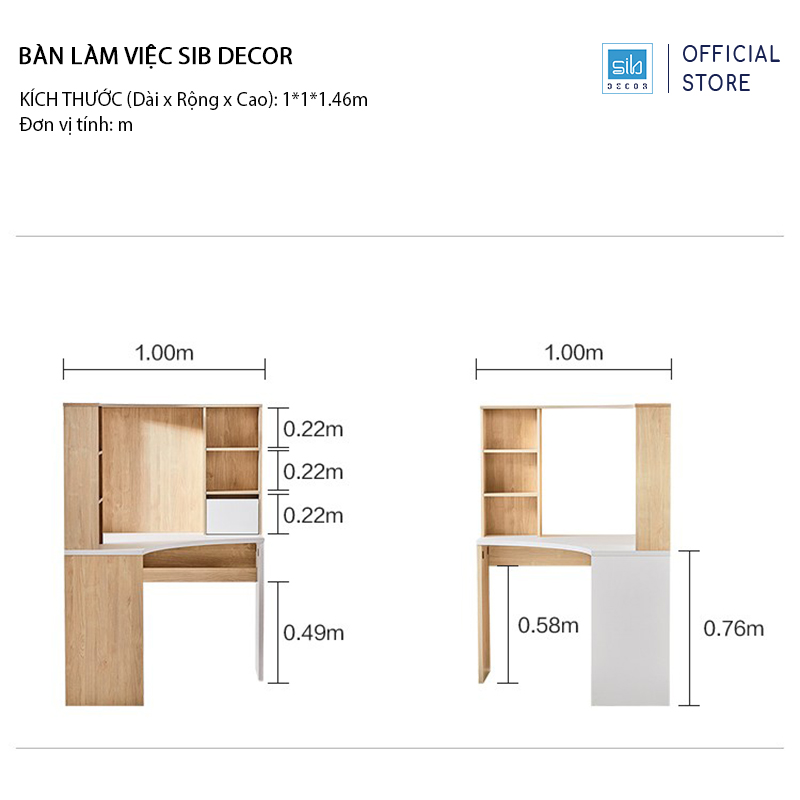 Bàn Làm Việc Góc Tường Có Kệ Sách Hiện Đại Thương Hiệu SIB Decor