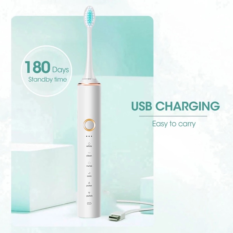Bàn Chải Điện Đa Năng Thông Minh TEKKIN TI-08 Sạc USB 2.0 Sóng Âm Tặng Kèm 3 Đầu Thay Thế - Hàng chính hãng