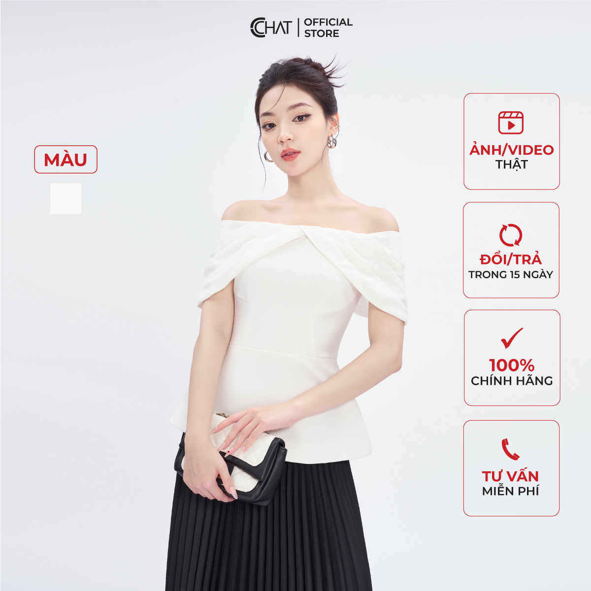 Áo Kiểu Nữ Dáng Peplum Trễ Vai Xếp Nếp Chất Tuytsi Cao Cấp 53ANS2018PT