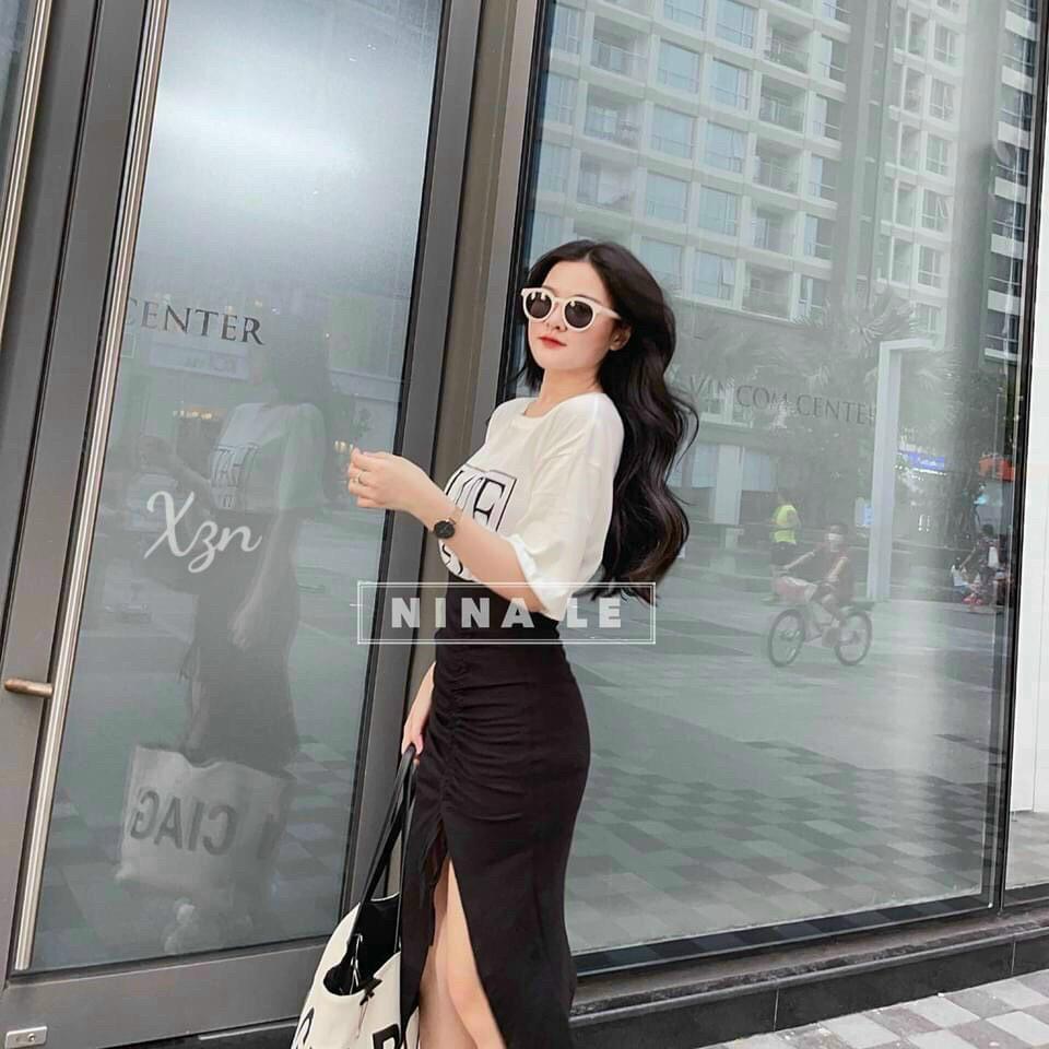 Set bộ áo thin HATE from rộng mix chân váy nhún hông cột nơ quyến rũ năng động