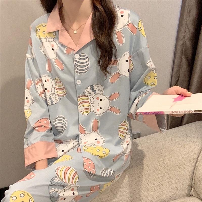 Bộ Pijama Nữ Bộ Ngủ Mặc Nhà Nữ Dài Tay Thu Đông Họa Tiết Bánh Bèo Sợi Tơ Sữa Mềm Mịn