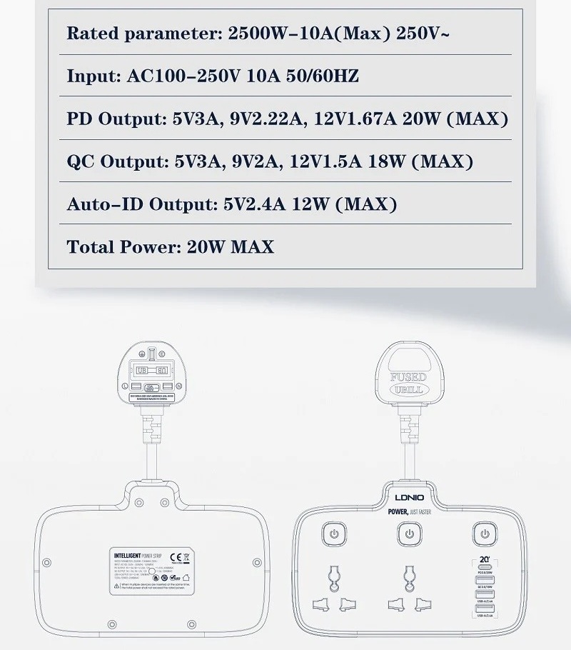 Ổ cắm điện đa năng 6 in 1 hỗ trợ sạc nhanh PD 20w ra 2 ổ cắm điện, 1 PD Type C 20W và  3 USB A QC 3.0 18W hiệu LDNIO SC2413 (chuẩn sạc nhanh PD 3.0 & QC 3.0, Smartchip) - hàng nhập khẩu