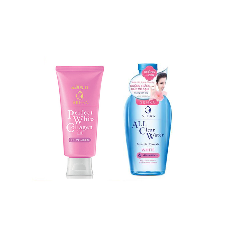 Combo 2 sản phẩm Sữa Rửa Mặt Ẩm Mịn Và Săn Chắc Da Senka Perfect Whip Collagen In và Nước tẩy trang SENKA A.L.L. CLEAR WATER Micellar Formula White 230ml