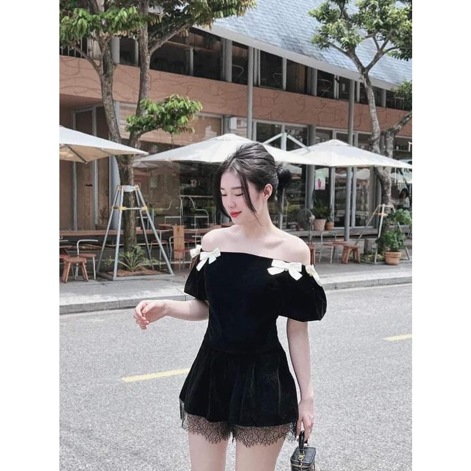 Set Bộ Đồ Nhung Áo Trễ Vai Phối Nơ Sang Chảnh Kèm Quần Ngắn HOT HIT