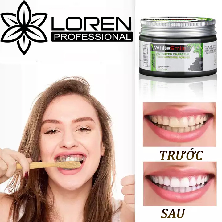 Bột đánh trắng răng Than Hoạt Tính Loren White Smile giúp làm trắng răng sạch mảng bám và cao răng hiệu quả 50g