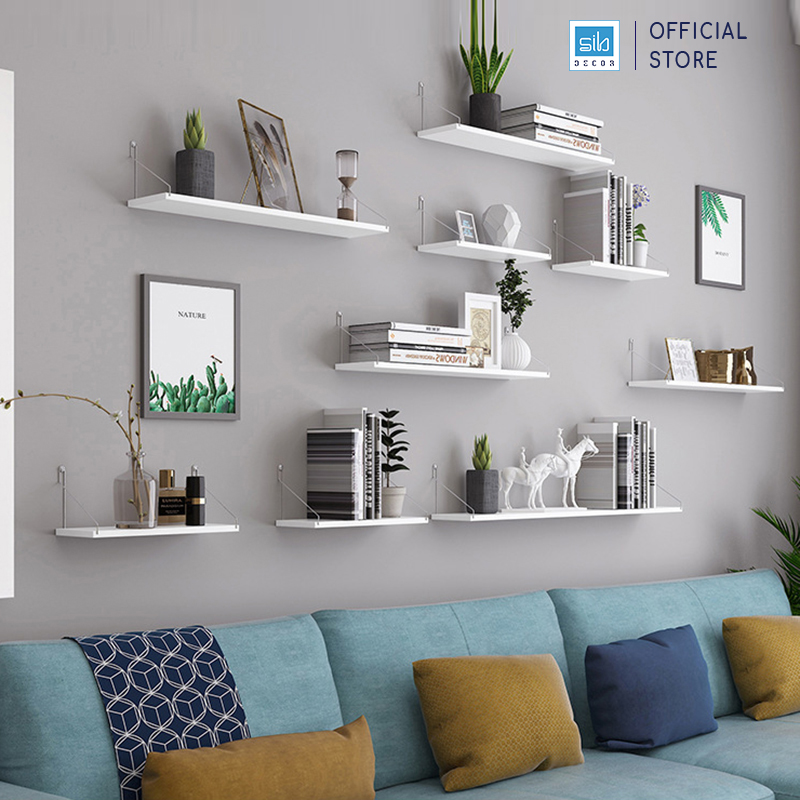 [Mua 2 giảm 10%] Kệ Gỗ Trang Trí Treo Tường Không Khoan SIB Decor, Móc Inox, Phụ Kiện Tặng Kèm KT02