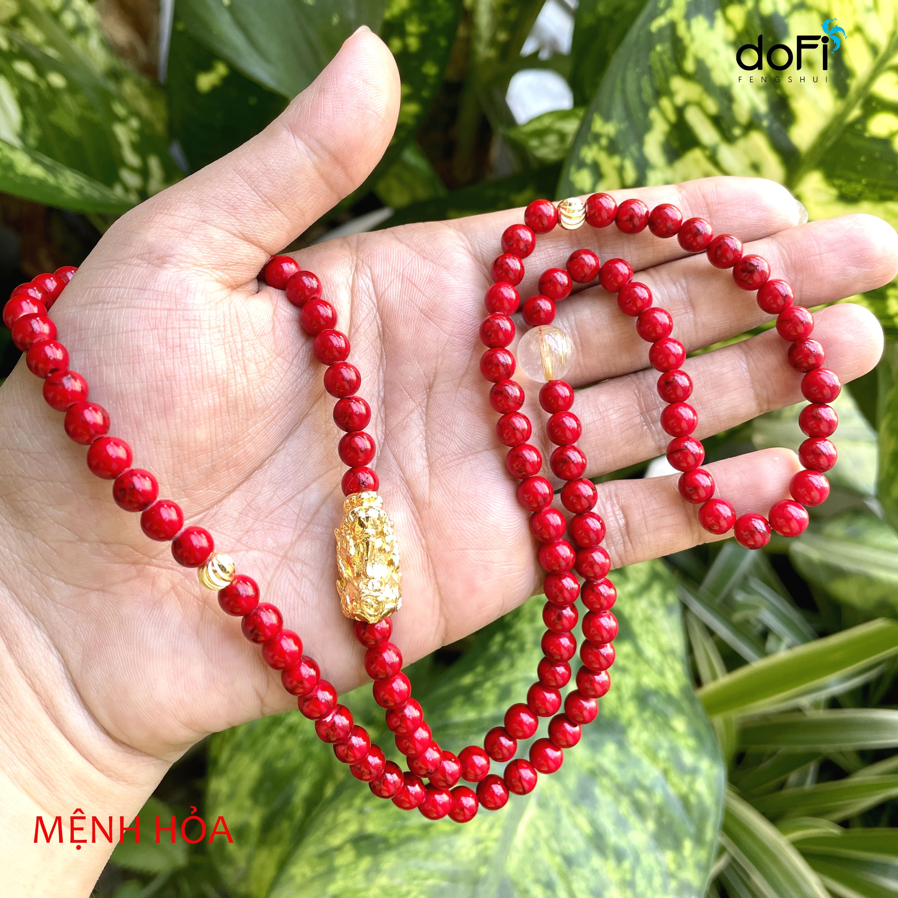 TRÀNG HẠT SAN HÔ ĐỎ + ĐÁ THẠCH ANH TÓC VÀNG PHỐI TỲ HƯU