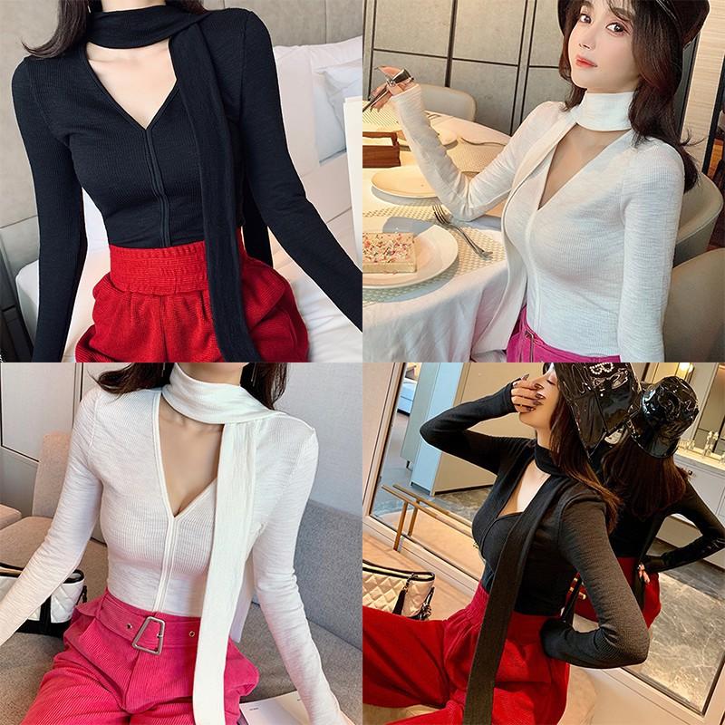 Áo thun nữ tay dài cổ chữ V dáng ôm phong cách Hàn Quốc