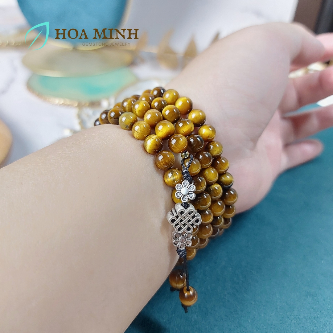 Vòng tay đá Mắt Hổ vàng nâu VIP 5A tự nhiên chuỗi 108 hạt size 6 li phối charm cát tường hoa mai bình an, lộc phát
