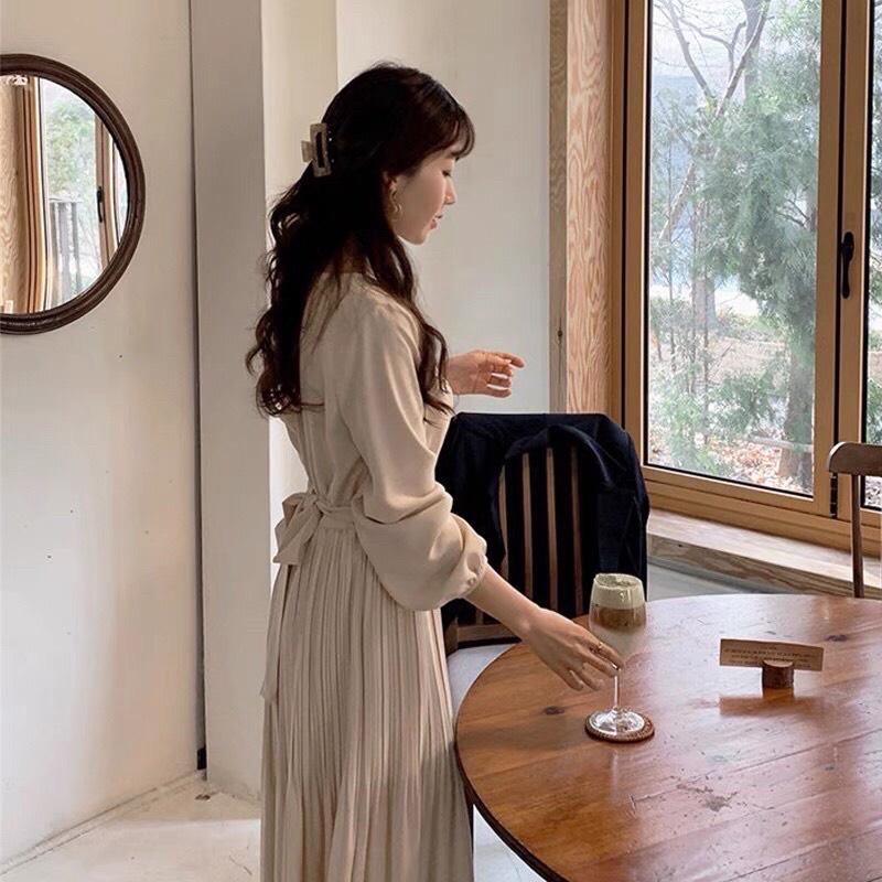 Váy liền thân chân váy xếp ly dáng dài, Freesize, thắt eo cực gọn, màu sắc trang nhã lịch sự đi làm đi chơi đều phù hợp