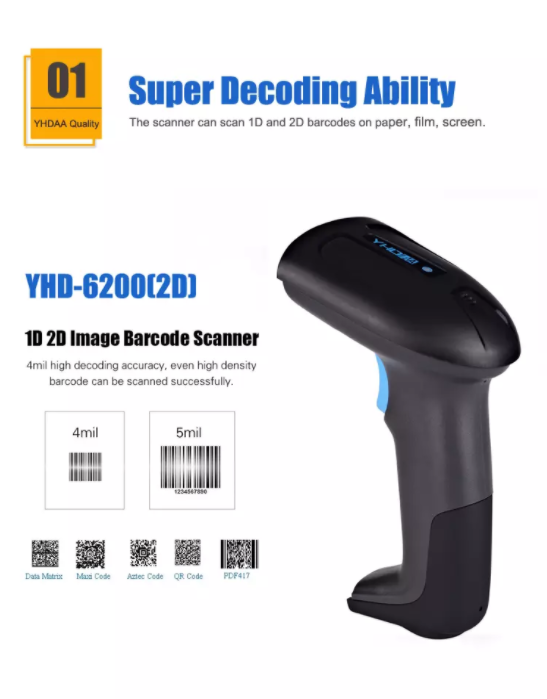 Máy quét mã vạch có dây YHD 6200D 2D đọc mã vạch Barcode Qrcode dùng dây trực tiếp cắm cổng USB Máy tính, Laptop - Hàng Nhập Khẩu