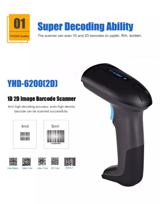 Máy quét mã vạch có dây YHD 6200D 2D đọc mã vạch Barcode(1D) Qrcode(2D) dùng dây trực tiếp cắm cổng USB Máy tính, Laptop - Hàng Nhập Khẩu