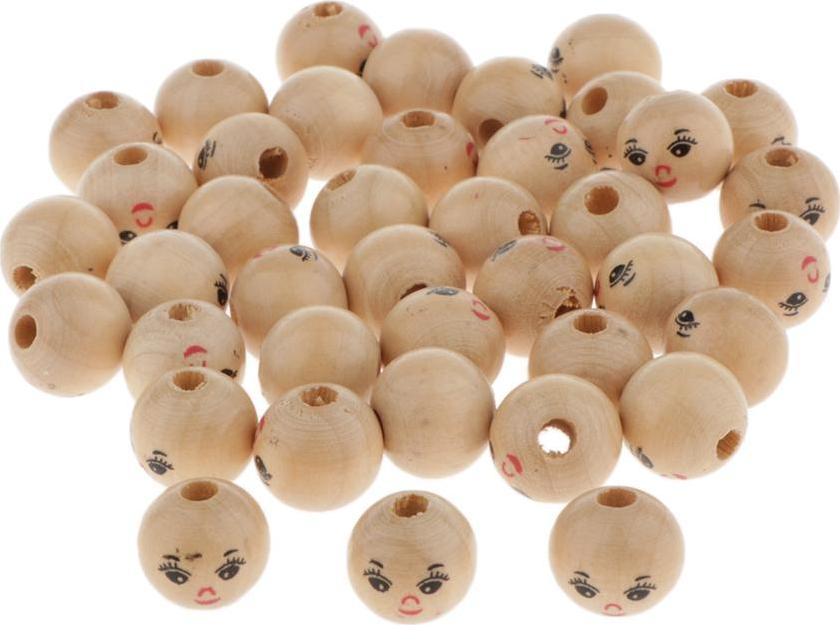 Set 40 Hạt Gỗ Tròn In Mặt Búp Bê Dùng Làm Trang Sức Độc Đáo