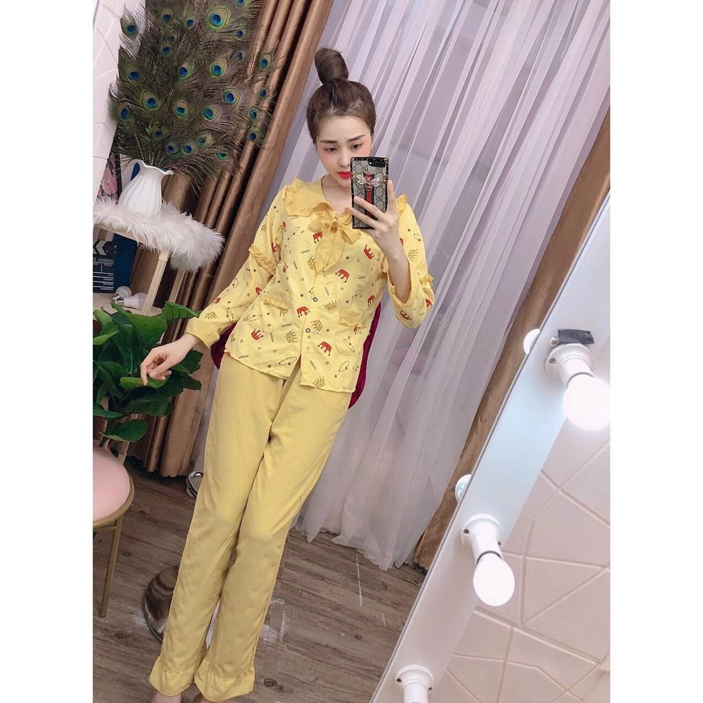 Bộ pijama đũi xốp tiểu thư cổ bèo, quần dài tay dài, 40 đến 59kg