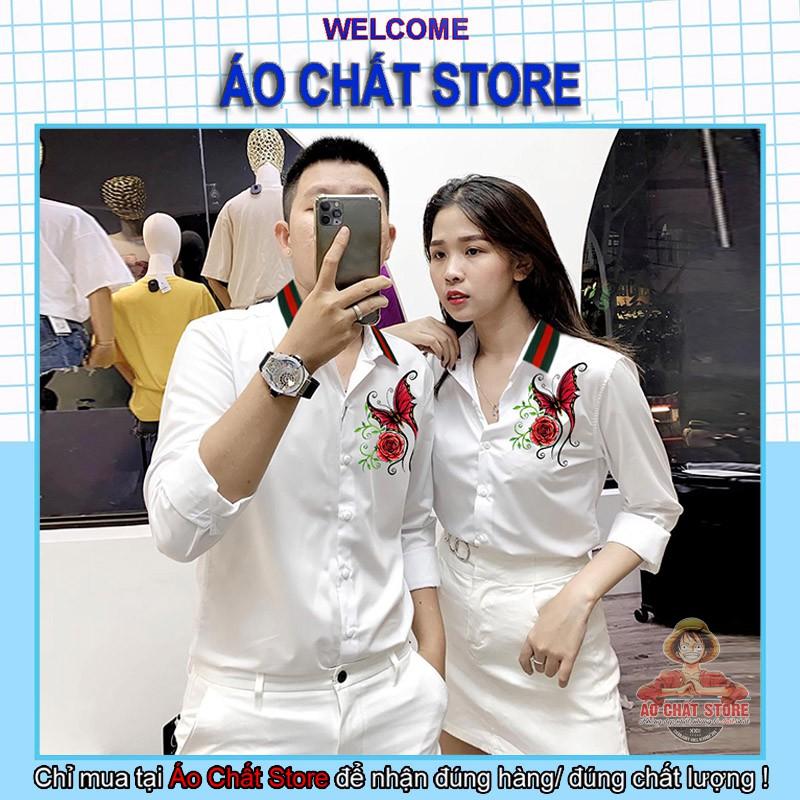 Áo sơ mi đôi nam nữ họa tiết bướm hoa hồng cao cấp | Áo cặp sơ mi đẹp | Áo Chất Store