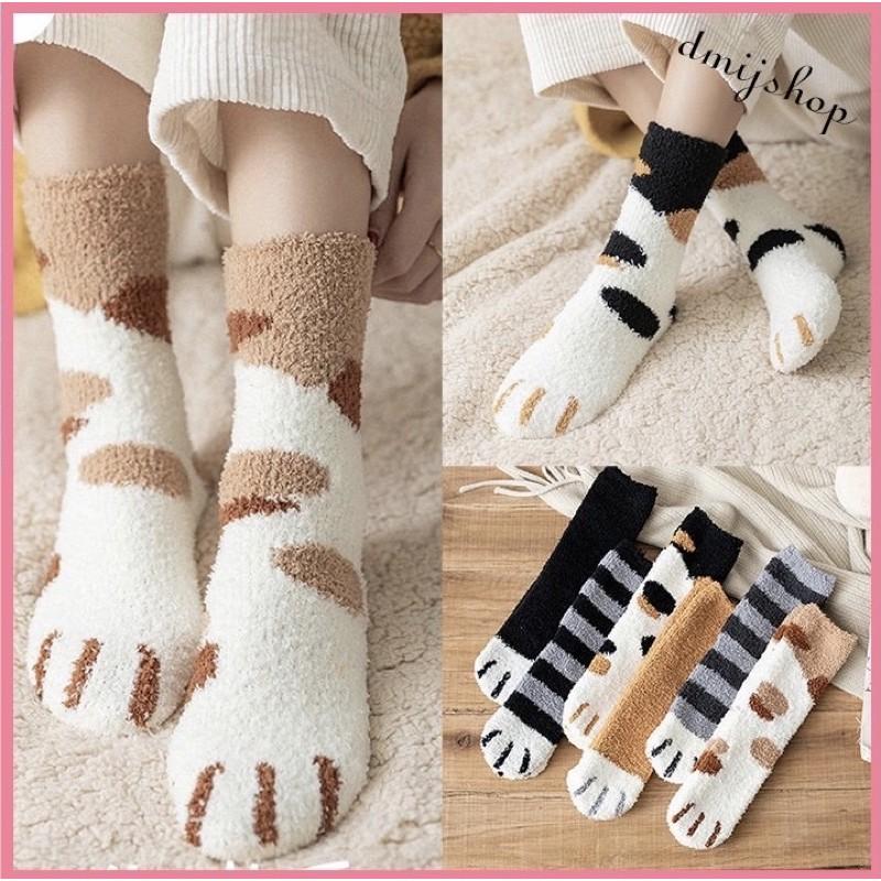 Set 5 Tất Len Lông Cừu Tất Mèo Nữ Cổ Cao Họa Tiết Chân Thú Đi Mùa Đông Đáng Yêu