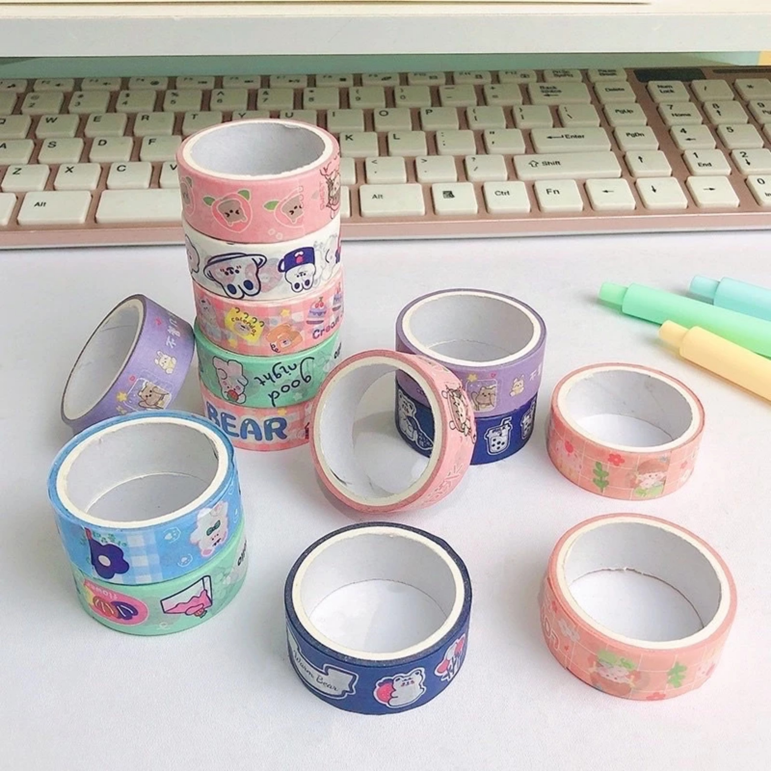 Lẻ 1 Cuộn băng dính washi tape dán trang trí họa tiết hoạt hình dễ thương, cuộn băng dán sticker nhiều hình cute