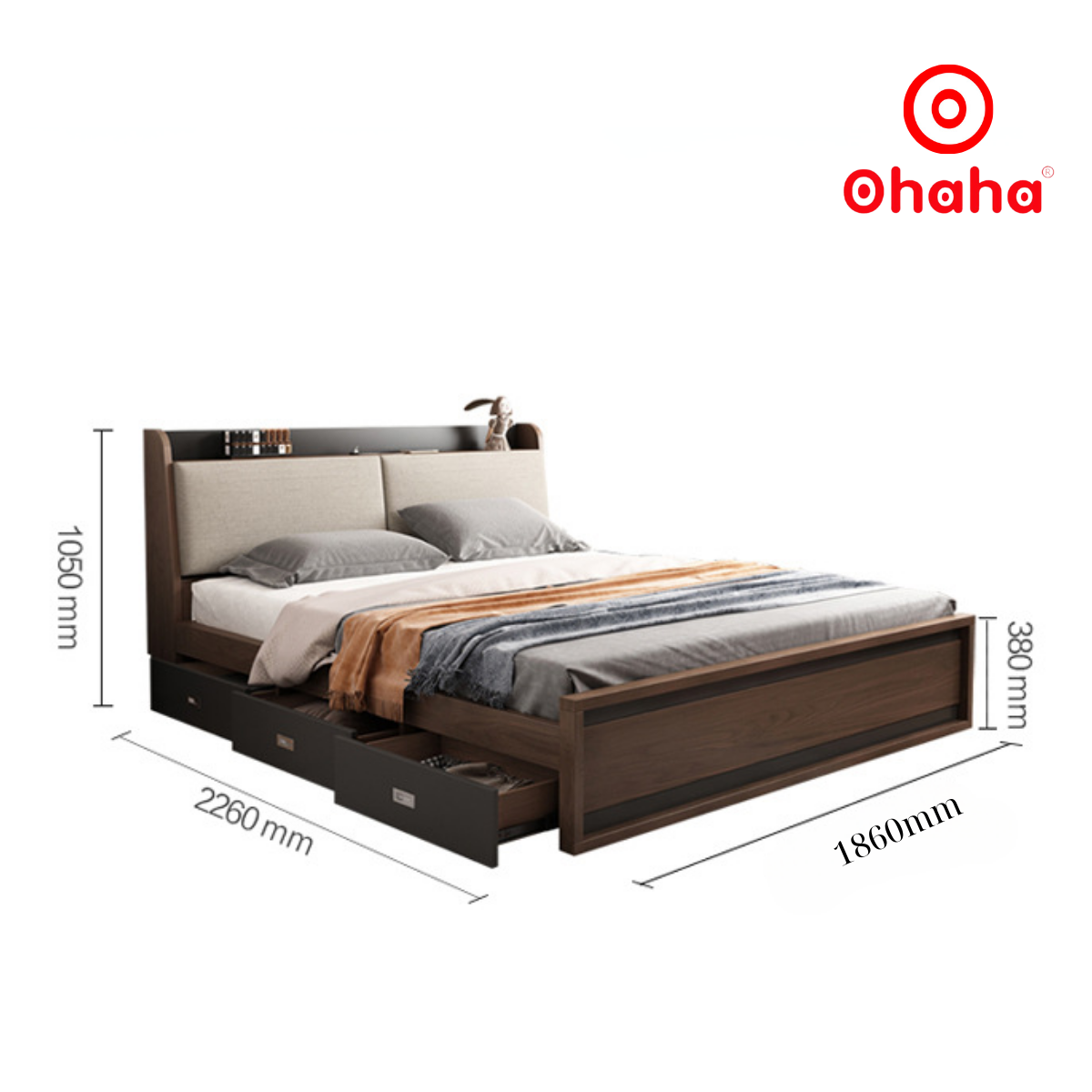 [Miễn phí vận chuyển &amp; lắp đặt] Giường ngủ thông minh cao cấp bọc nệm đầu giường gỗ công nghiệp Nâu Walnur Ohaha - GN010