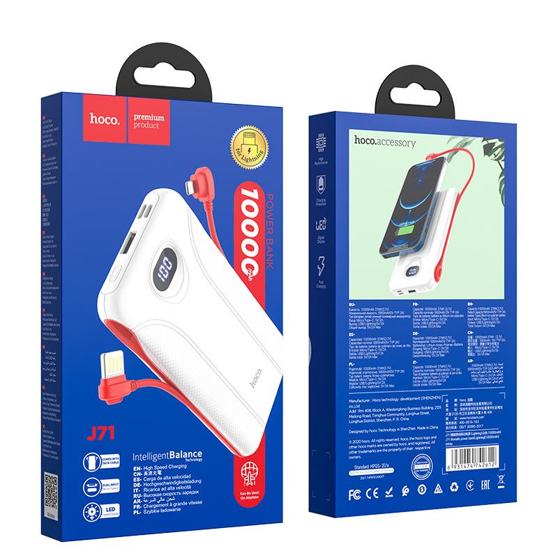 Pin sạc dự phòng Hoco J71 - 10.000mAh kèm dây sạc iphone, ipad, hoặc sam sung... vỏ sạc chống cháy PC - Hàng chính hãng