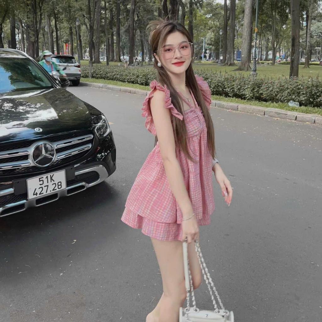 Sét bộ đùi mocking xốp caro tay bèo nhún ngực cổ phối dây siêu xinh