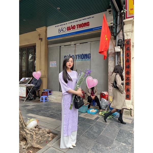 Áo dài Gấm Trà hoa - Màu Tím Pastel