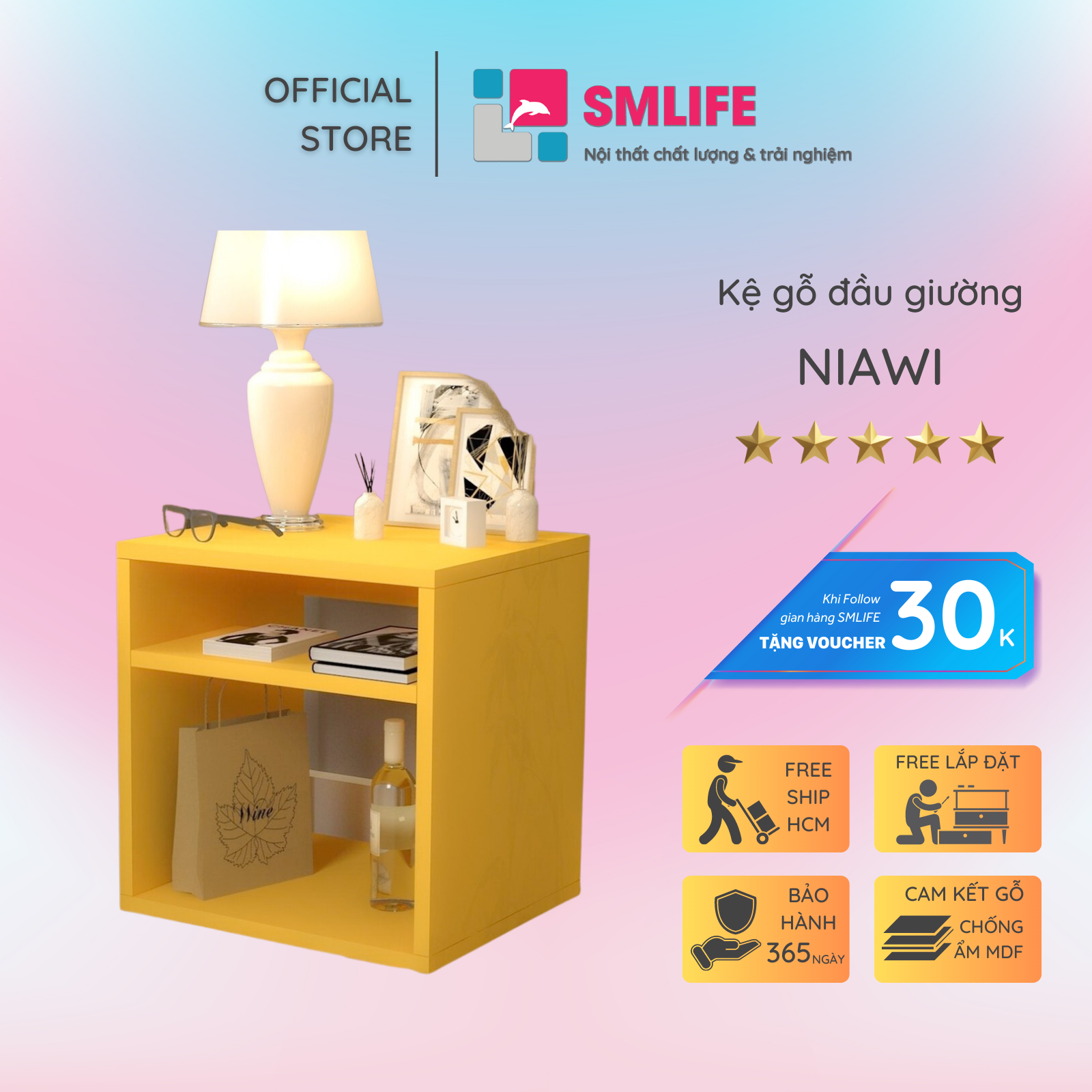 Kệ gỗ đầu giường hiện đại SMLIFE Niawi | Gỗ MDF dày 17mm chống ẩm | D40xR35xC40cm