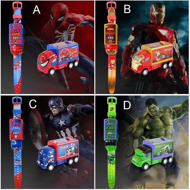 ĐỒNG HỒ ĐỒ CHƠI XE SIÊU NHÂN CHO BÉ , SPIDERMAN, CAPTAIN, HULK, KHỔNG LỒ XANH , IRONMAN