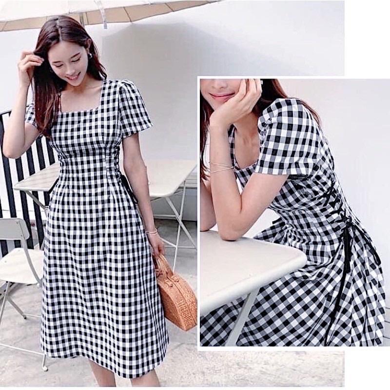 ĐẦM NỮ SUÔNG CARO DỰ TIỆC ĐI CHƠI CỰC XINH Đầm váy caro xanh cổ vuông đan dây eo