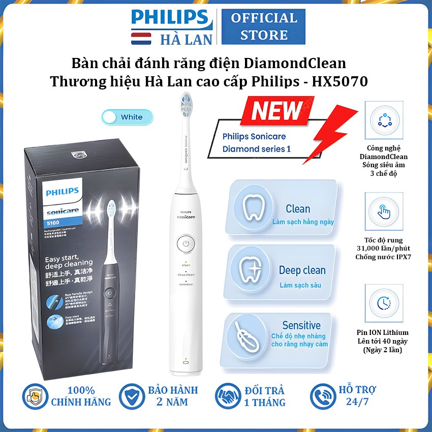 Bàn chải đánh răng điện thương hiệu Hà Lan cao cấp Philips DiamondClean Series 1 HX5070 - Hàng nhập khẩu