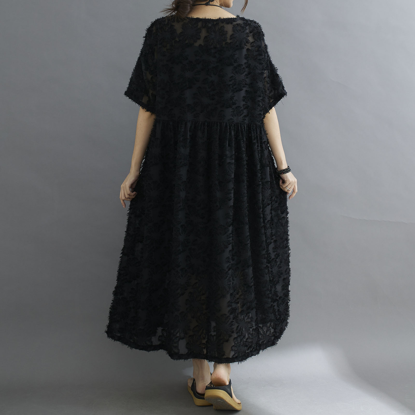 Women Floral Lace Dress Elegant Mid-Calf Loose O-Neck Short Sleeves Dress Plus Size