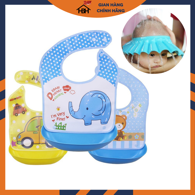Set 2 Yếm ăn dặm có máng nhựa có thể tháo rời giao mầu ngẫu nhiên