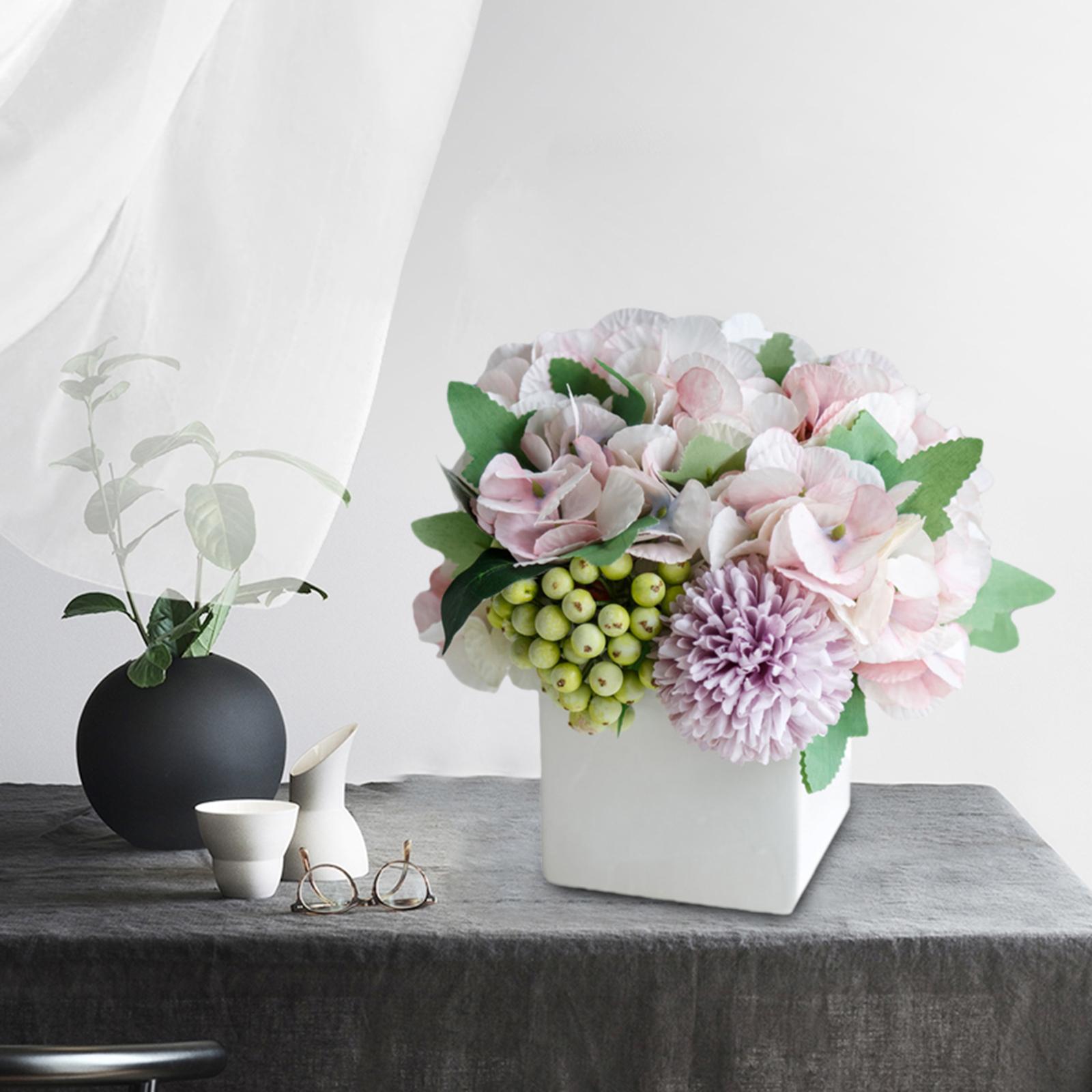 Artificial Silk Flowers in Ceramic Vase, Fake Hydrangea Flower Arrangements for Home Office Wedding Decor Artificial Flowers with Vase Gifts