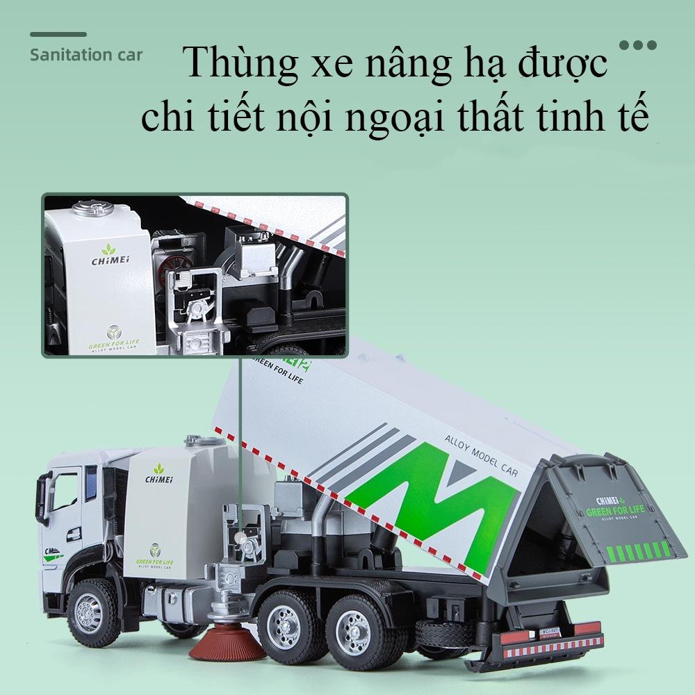 Đồ chơi xe tải vệ sinh thành phố có chổi quét bằng kim loại có nhạc và đèn thùng xe nâng hạ mở được