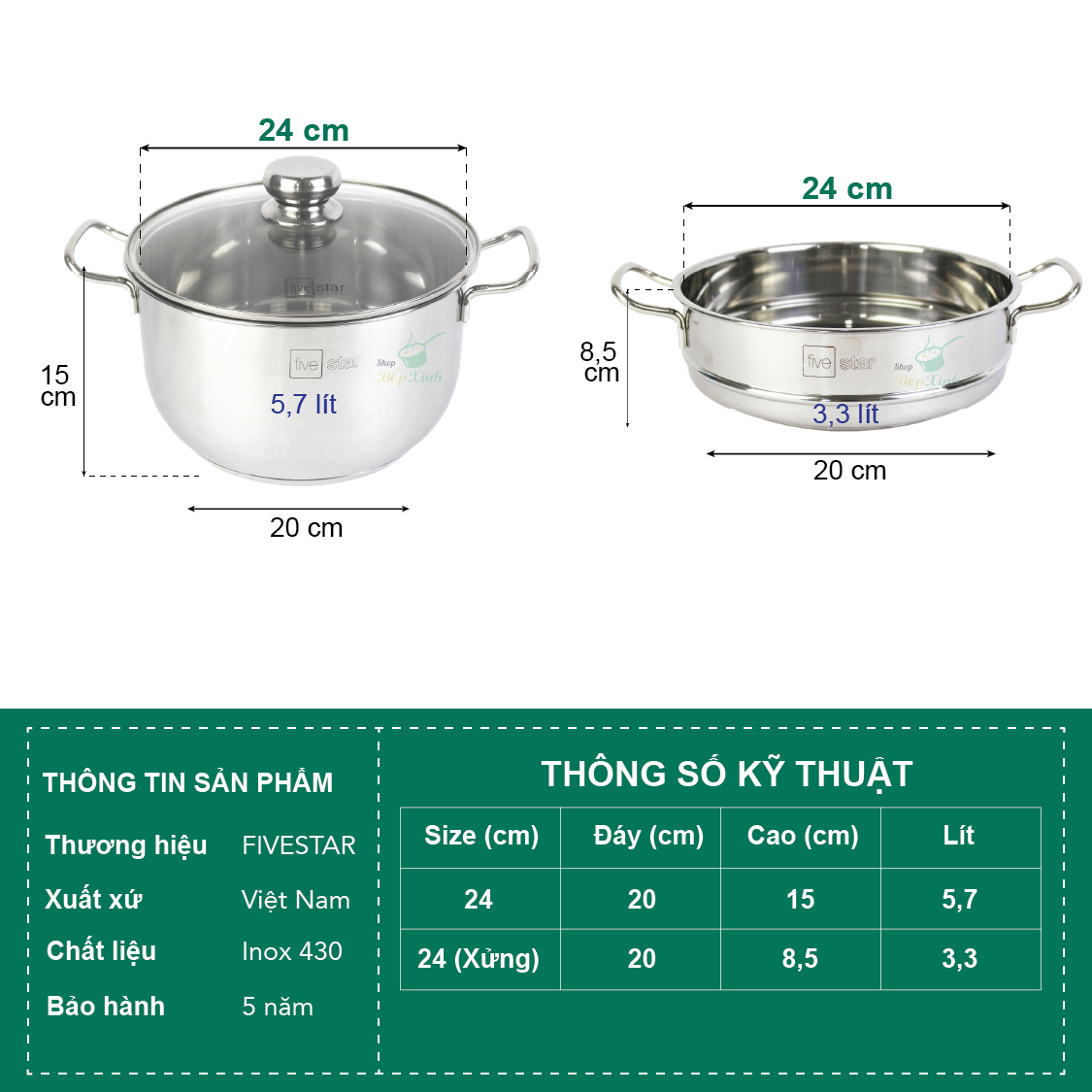 Xửng hấp inox Fivestar 3 đáy từ nắp kính tặng 5 muỗng ăn