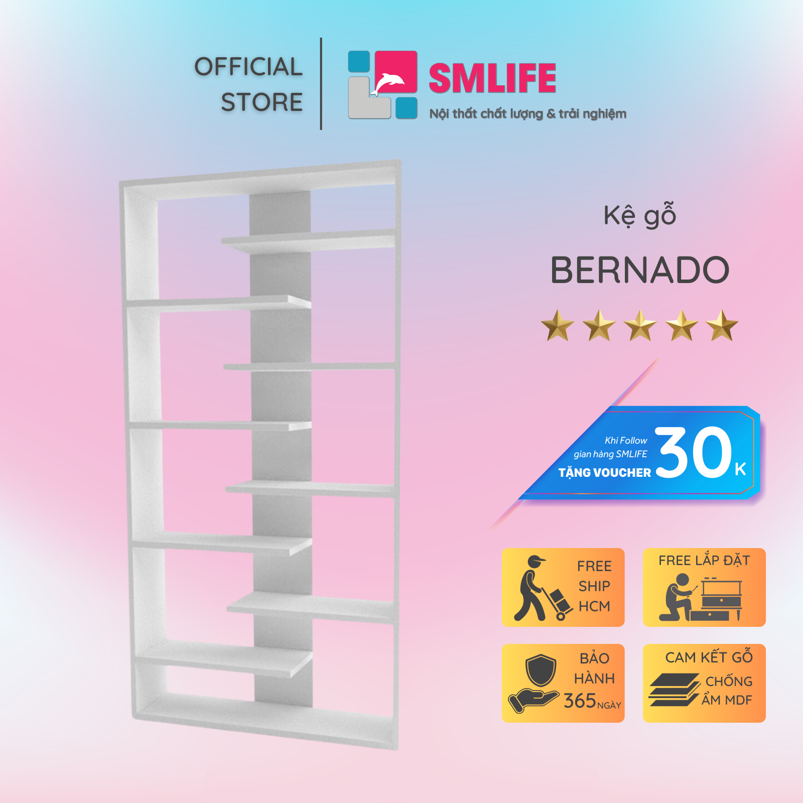 Kệ sách gỗ MDF kiểu dáng hiện đại nhỏ gọn SMLIFE Bernado