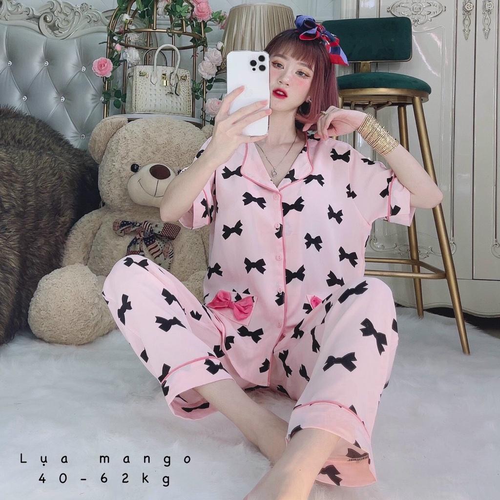 Đồ bộ mặc nhà Pijama tay ngắn quần dài, bộ ngủ dễ thương lụa mango mềm mát - Freesize dưới 62 kg