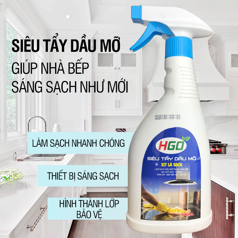 Tẩy dầu mỡ nhà bếp HGO làm sạch máy hút mùi, mặt bếp, tường gạch ốp, chậu rửa bát an toàn, tiện lợi, hiệu quả 500ml