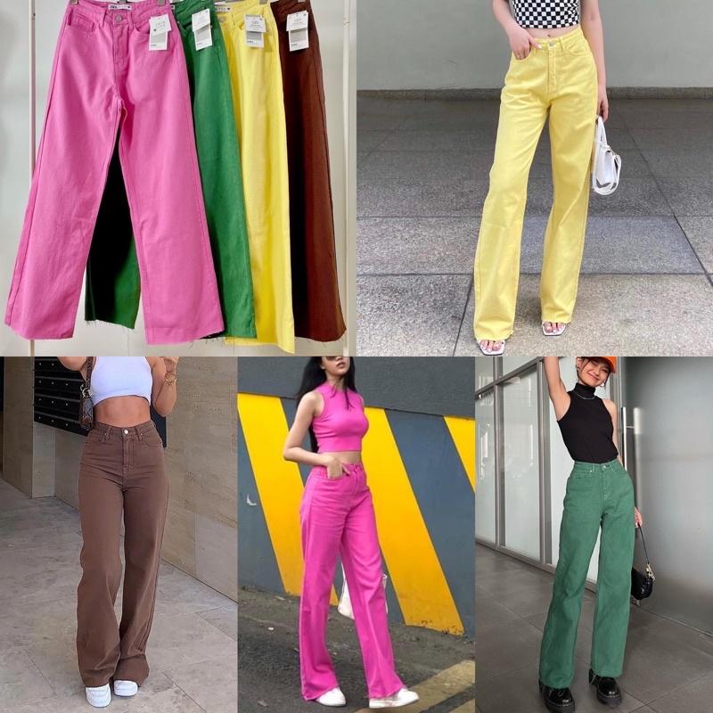 Quần Jean Suông Ống Rộng Dáng Dài Lai Cắt Lưng Cao Jeans Cotton Màu Hot Trend 2022