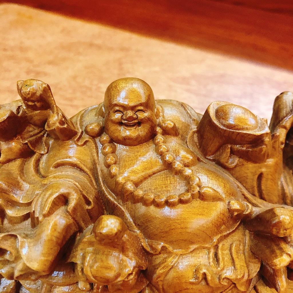 Tượng Phật Di Lặc Ngũ Phúc Gỗ Bách Xanh Để Ô Tô, Bàn Làm Việc