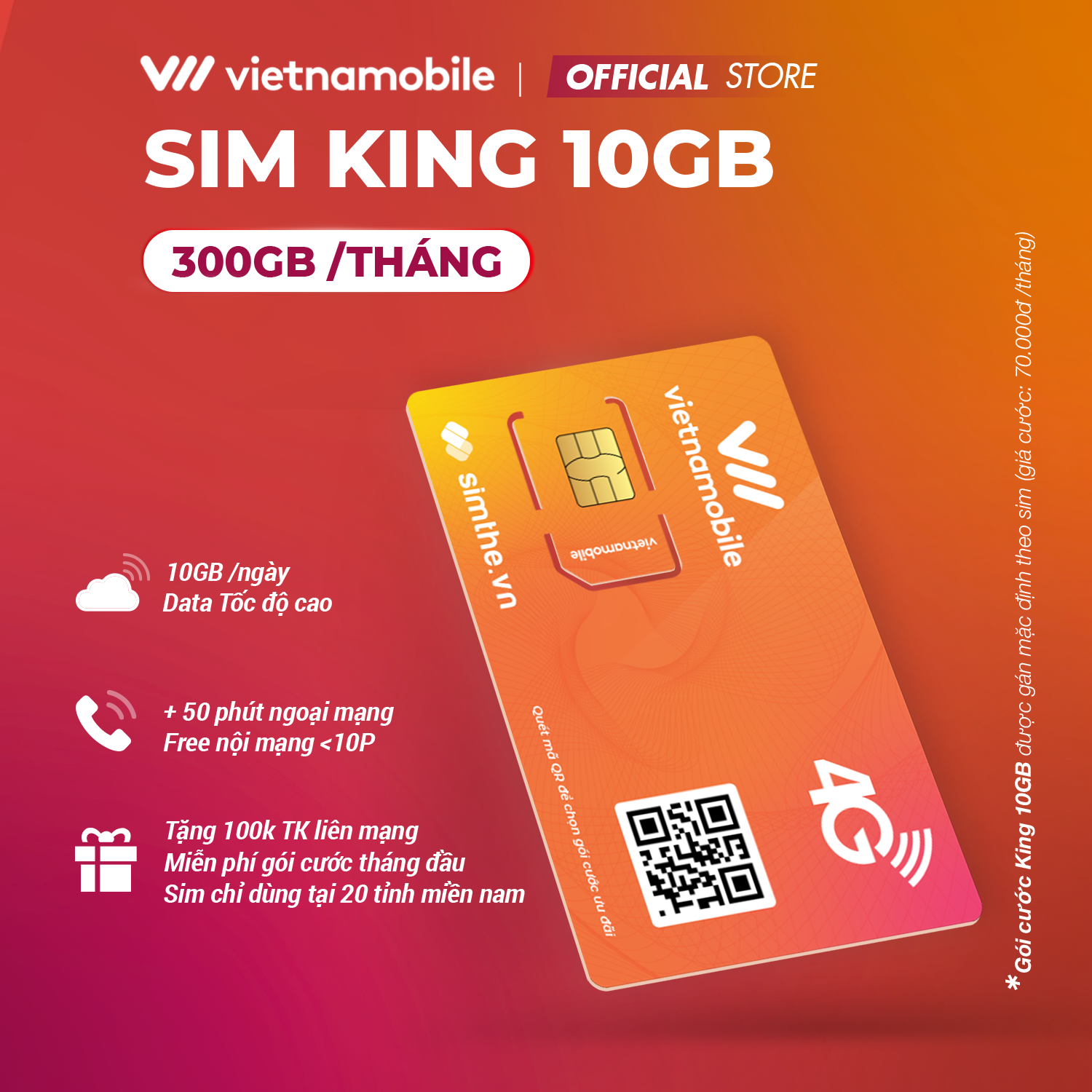 [FREE 30 Ngày] Sim 4G Vietnamobile KING 10GB/Ngày (300GB/Tháng). Miễn Phí 50 Phút Ngoại Mạng + Gọi Nội Mạng + Tài Khoản 100K. Chỉ Dùng Tại 20 Tỉnh Miền Nam (Từ Bình Thuận Đến Cà Mau) - Hàng Chính Hãng